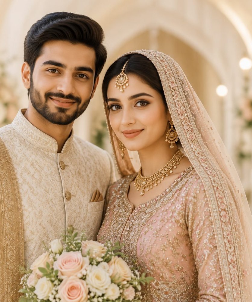 A Pakistani bride and groom together on their wedding day